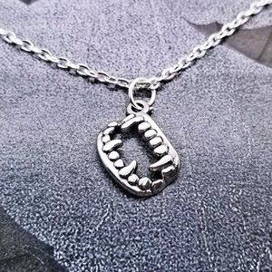 Gothic Halloween Vampire Fangs Silver Necklace